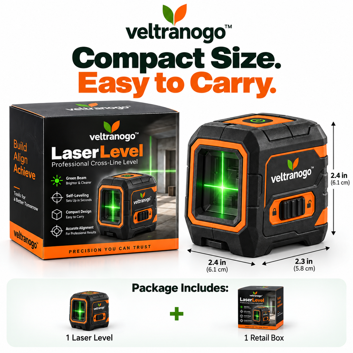 Veltranogo™ Laser Level with Bright Green Cross-Line Beam & Self-Leveling Precision