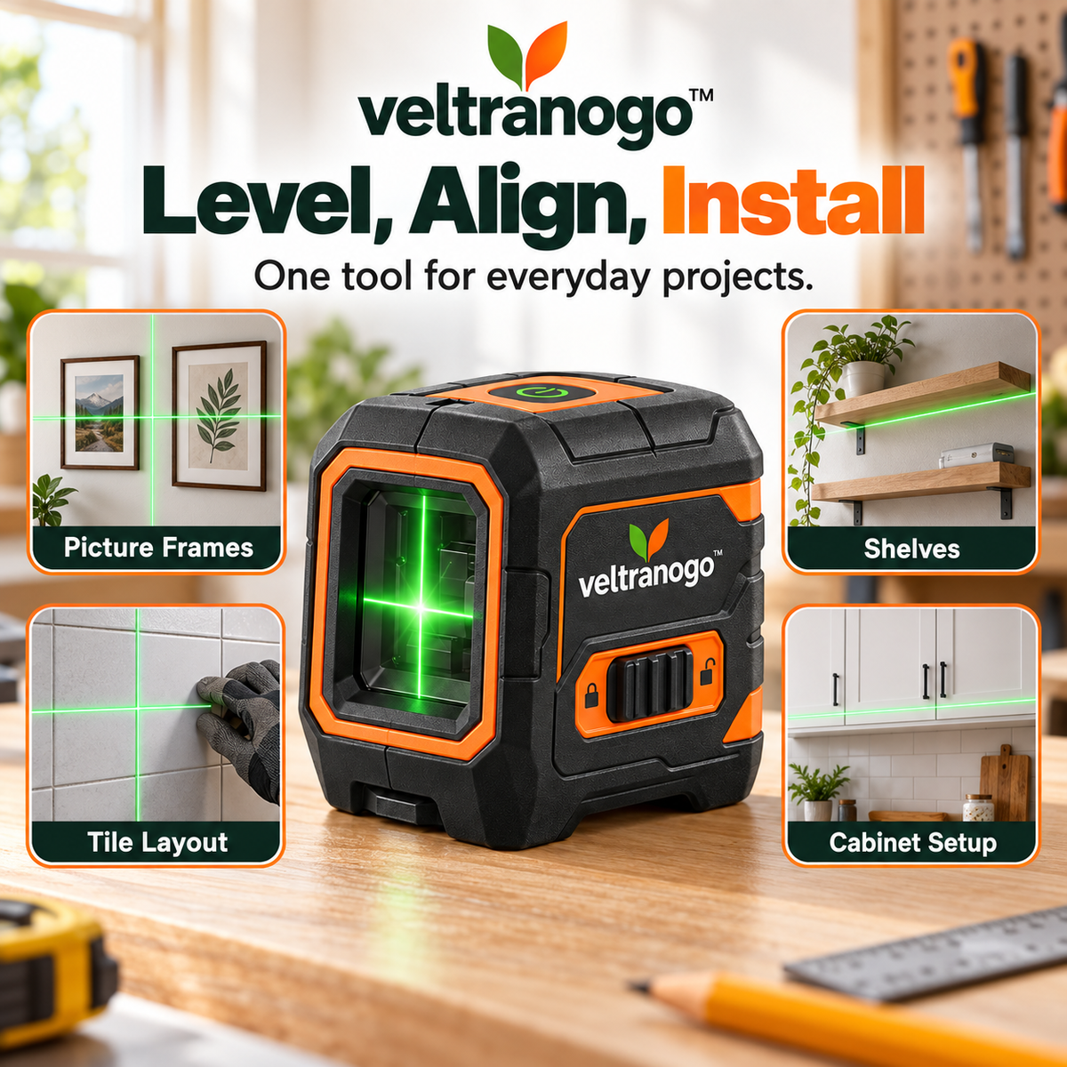 Veltranogo™ Laser Level with Bright Green Cross-Line Beam & Self-Leveling Precision