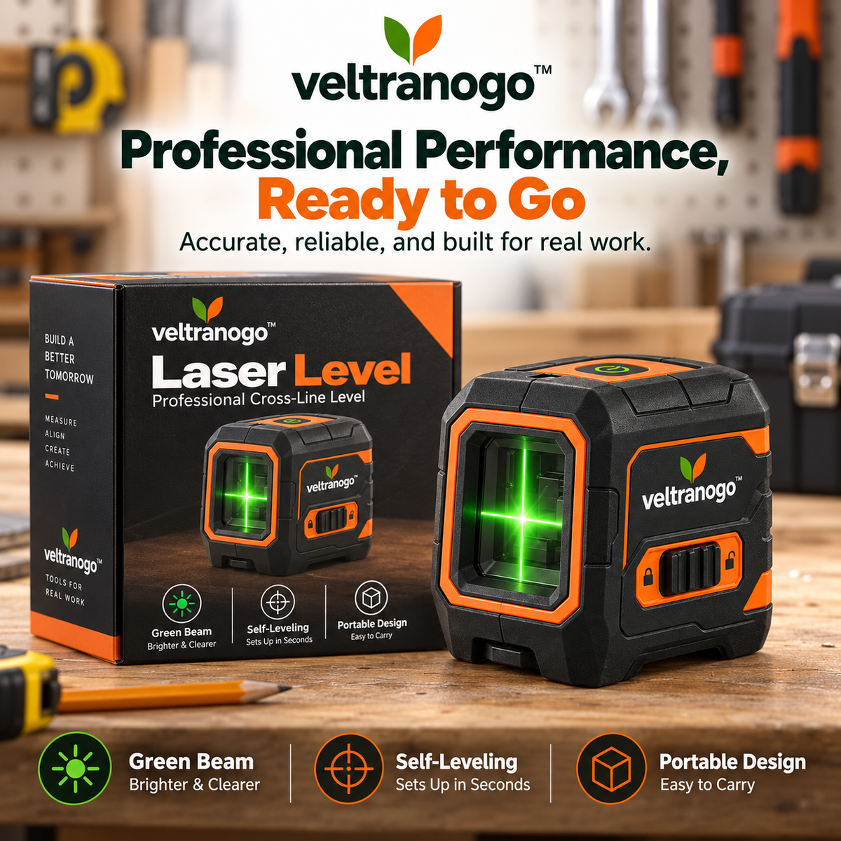 Veltranogo™ Laser Level with Bright Green Cross-Line Beam & Self-Leveling Precision