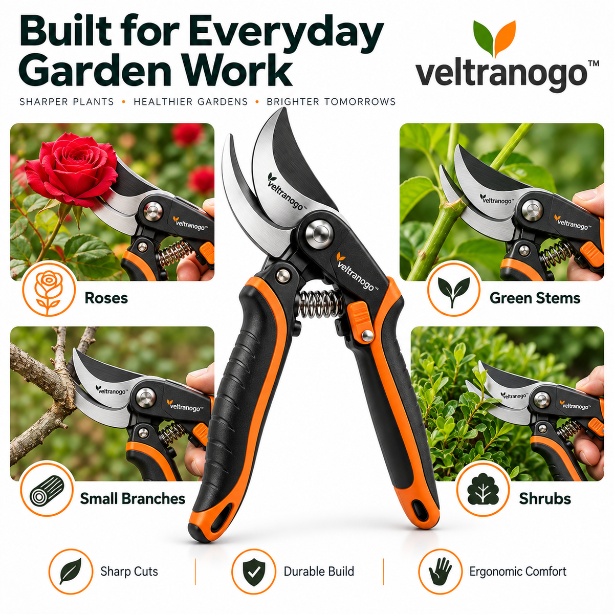 Veltranogo™ Professional Garden Pruner with Ultra-Sharp Steel Blade & Ergonomic Non-Slip Grip
