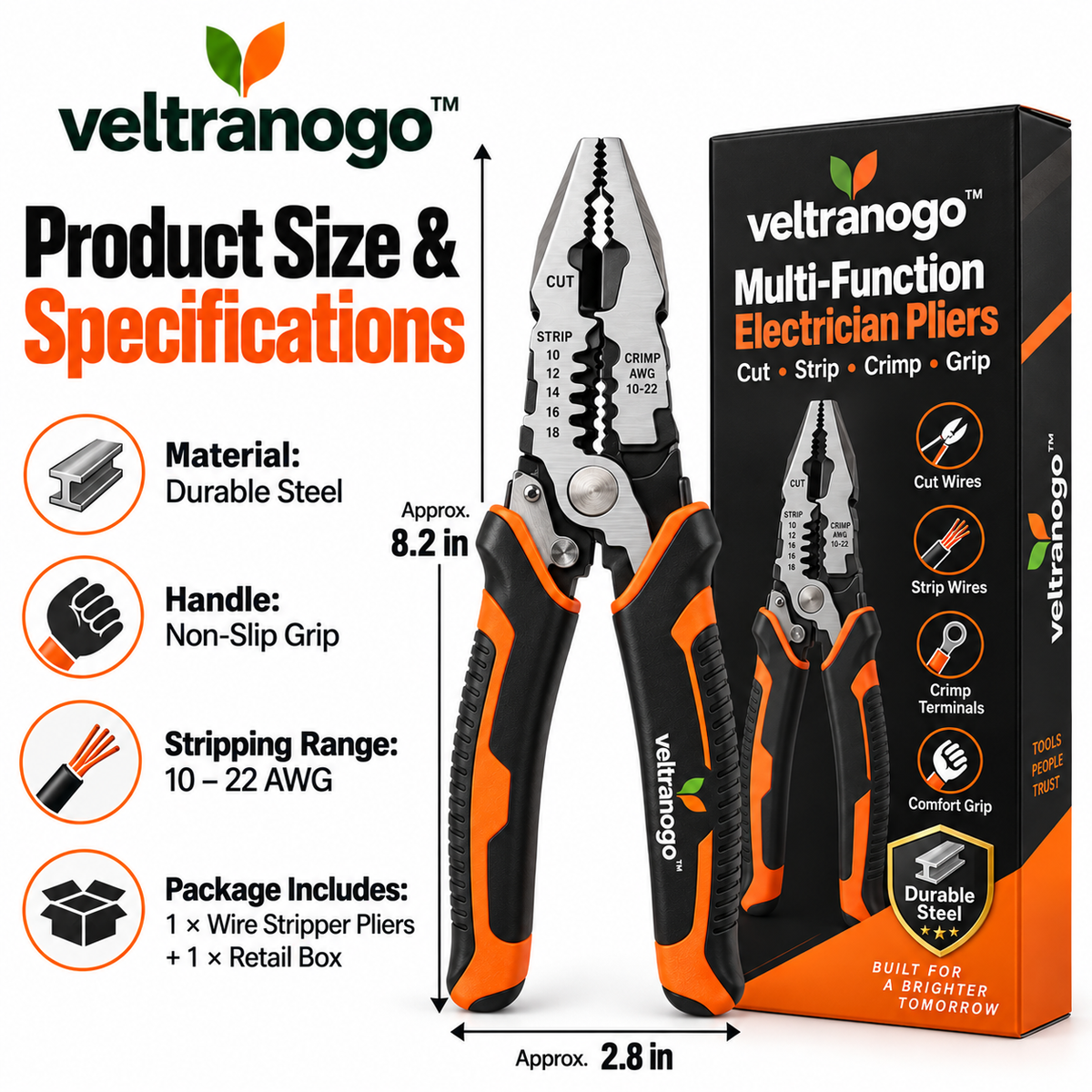 Veltranogo™ Multi-Function Electrician Pliers with Wire Cutter, Stripper & Crimping Tool
