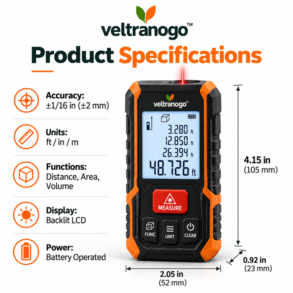 Veltranogo™ Digital Laser Distance Meter with High Accuracy Measurement & Smart LCD Display