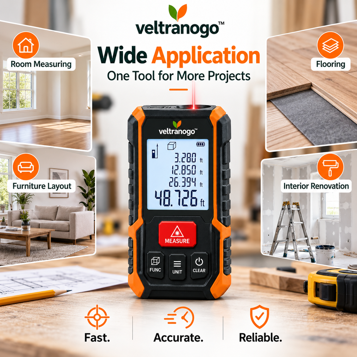 Veltranogo™ Digital Laser Distance Meter with High Accuracy Measurement & Smart LCD Display