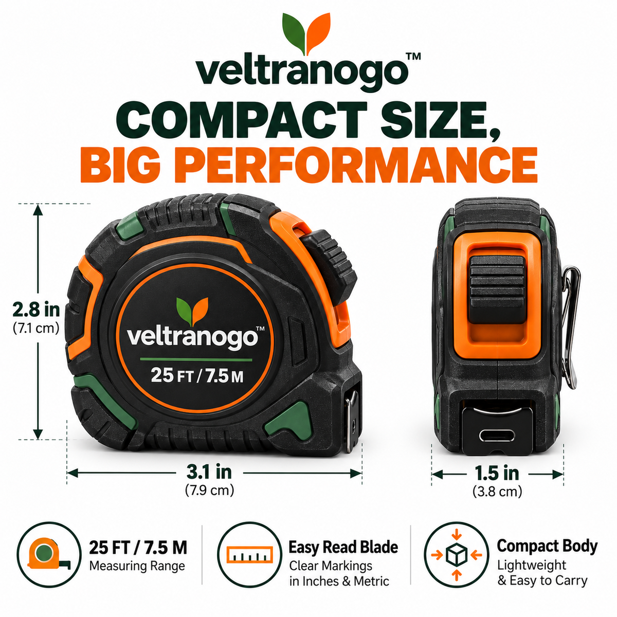 Veltranogo™ Heavy-Duty Tape Measure, 25FT/7.5M Professional Measuring Tape with Durable Case & Easy-Read Blade