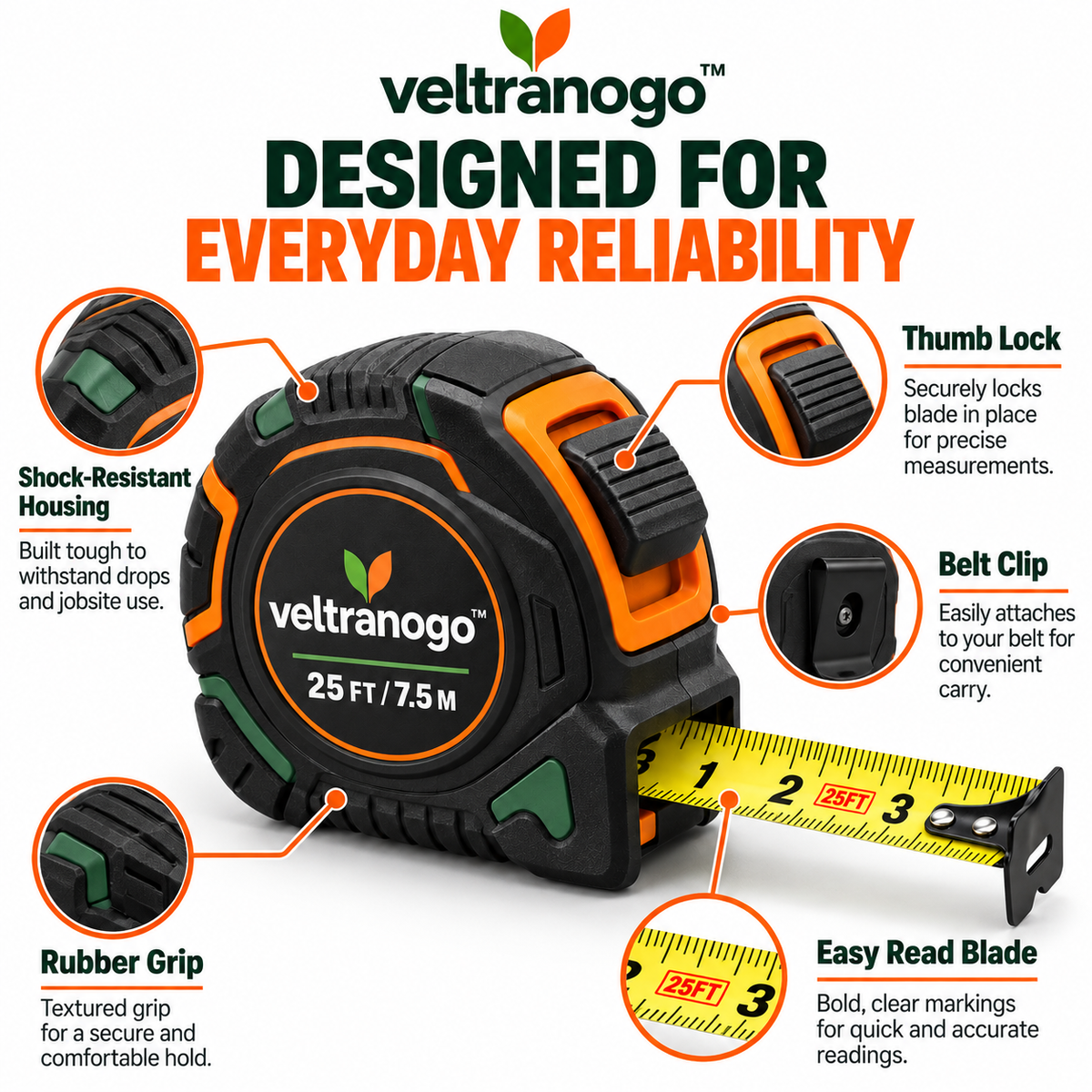 Veltranogo™ Heavy-Duty Tape Measure, 25FT/7.5M Professional Measuring Tape with Durable Case & Easy-Read Blade