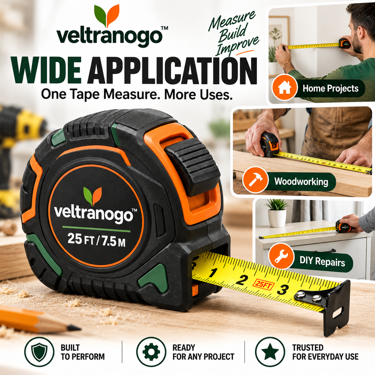 Veltranogo™ Heavy-Duty Tape Measure, 25FT/7.5M Professional Measuring Tape with Durable Case & Easy-Read Blade