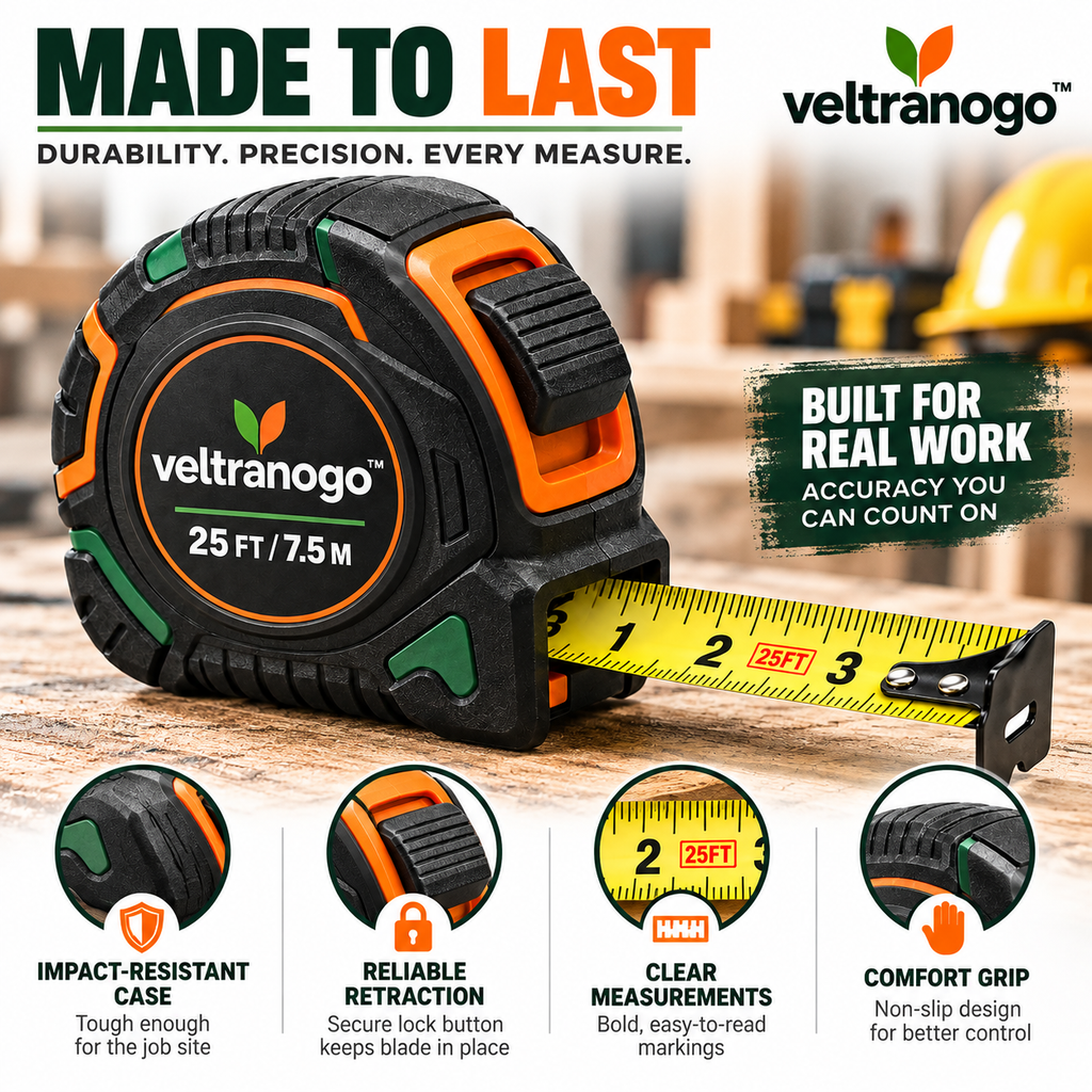 Veltranogo™ Heavy-Duty Tape Measure, 25FT/7.5M Professional Measuring Tape with Durable Case & Easy-Read Blade