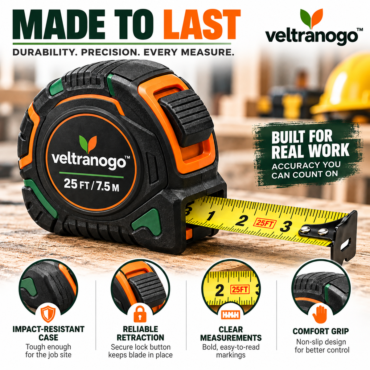 Veltranogo™ Heavy-Duty Tape Measure, 25FT/7.5M Professional Measuring Tape with Durable Case & Easy-Read Blade