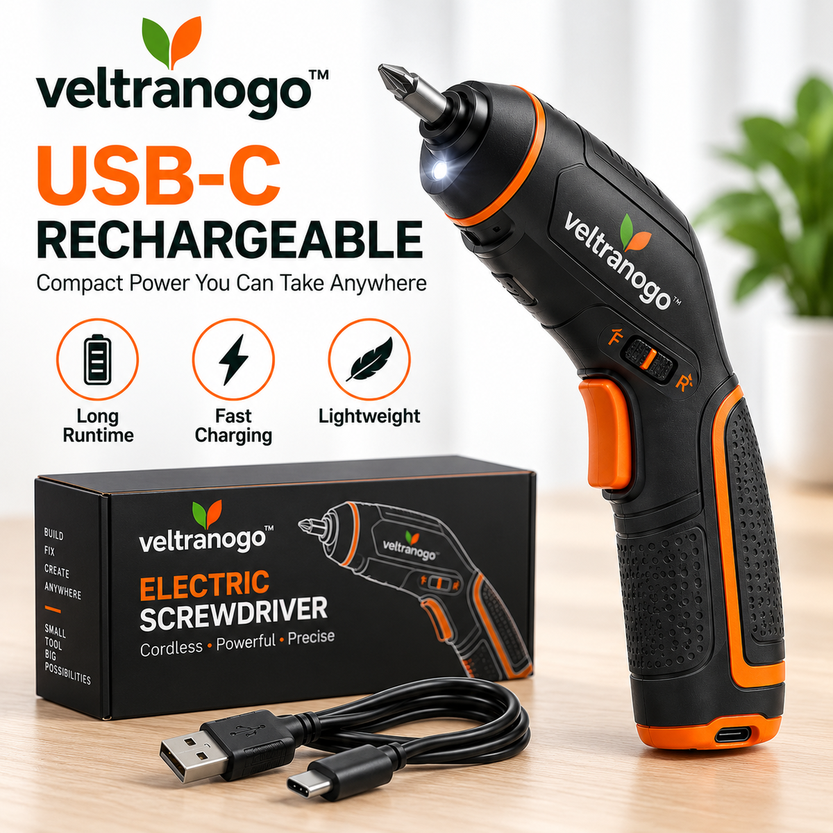 Veltranogo™ Electric Screwdriver, 3.6V USB-C Rechargeable Cordless Screwdriver Kit with LED Light & Magnetic Bit Holder