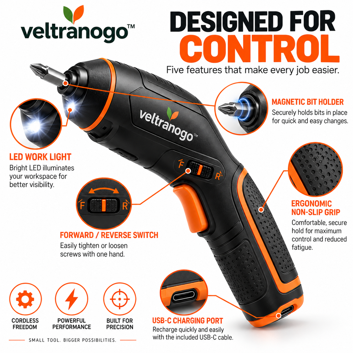 Veltranogo™ Electric Screwdriver, 3.6V USB-C Rechargeable Cordless Screwdriver Kit with LED Light & Magnetic Bit Holder