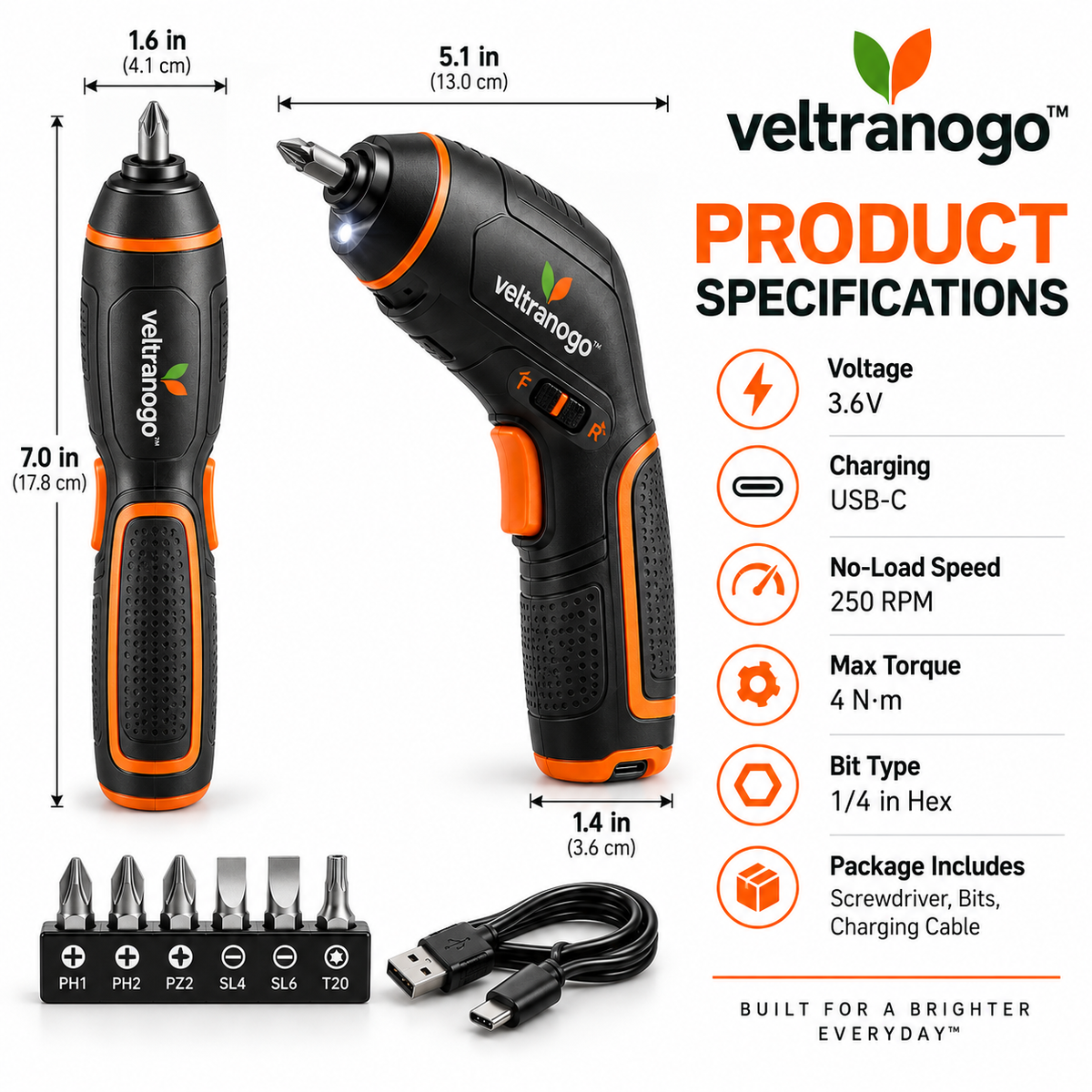 Veltranogo™ Electric Screwdriver, 3.6V USB-C Rechargeable Cordless Screwdriver Kit with LED Light & Magnetic Bit Holder