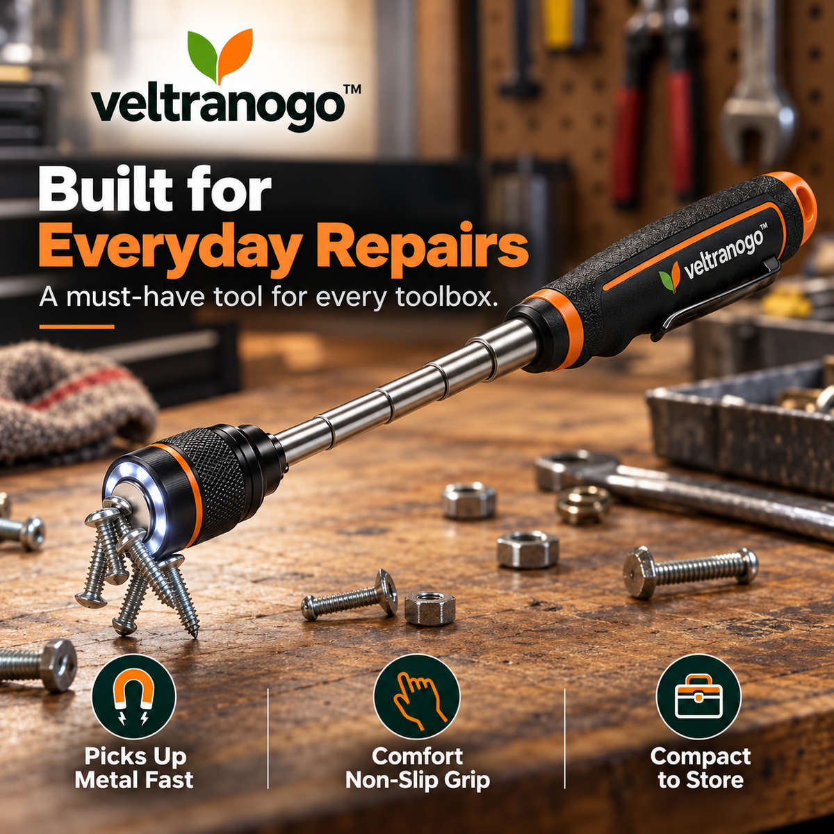 Veltranogo™ Telescoping Magnetic Pickup Tool with LED Light, Strong Magnetic Head & 25-Inch Extendable Reach for Garage Repairs