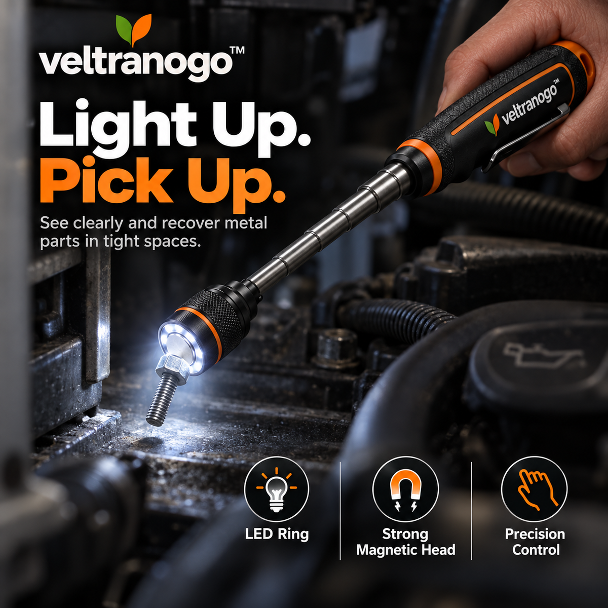 Veltranogo™ Telescoping Magnetic Pickup Tool with LED Light, Strong Magnetic Head & 25-Inch Extendable Reach for Garage Repairs