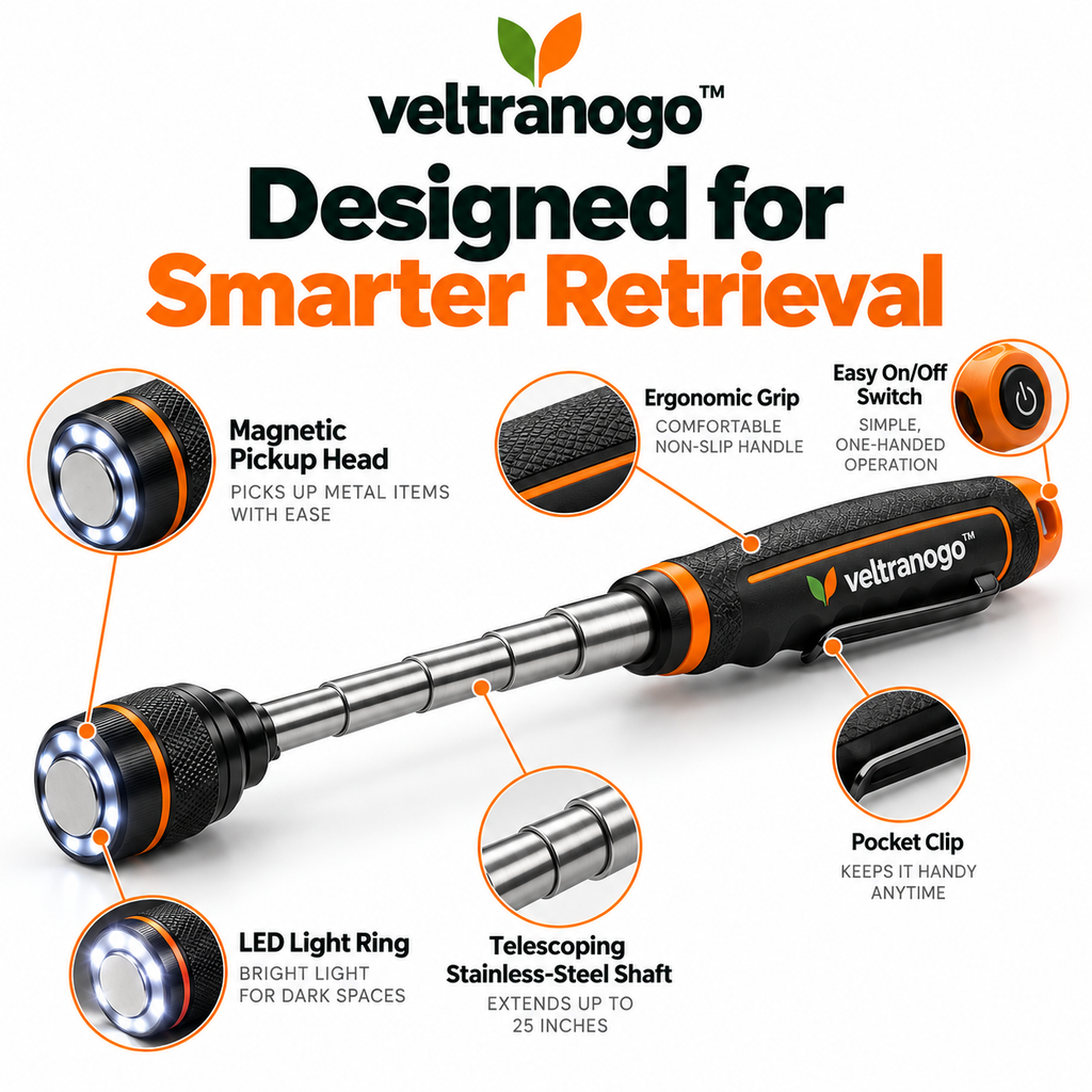 Veltranogo™ Telescoping Magnetic Pickup Tool with LED Light, Strong Magnetic Head & 25-Inch Extendable Reach for Garage Repairs