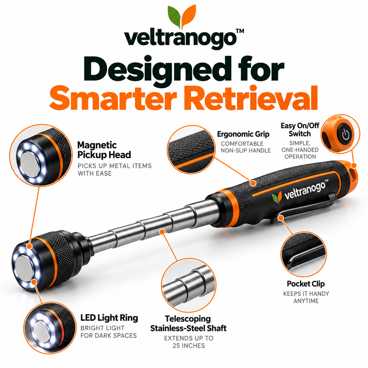 Veltranogo™ Telescoping Magnetic Pickup Tool with LED Light, Strong Magnetic Head & 25-Inch Extendable Reach for Garage Repairs