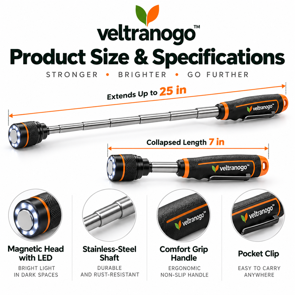 Veltranogo™ Telescoping Magnetic Pickup Tool with LED Light, Strong Magnetic Head & 25-Inch Extendable Reach for Garage Repairs