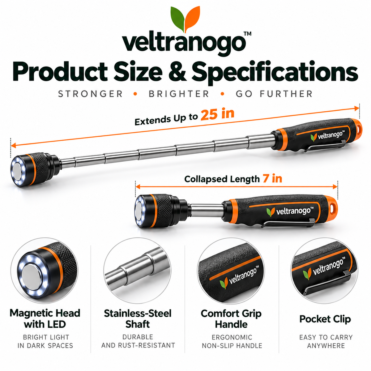 Veltranogo™ Telescoping Magnetic Pickup Tool with LED Light, Strong Magnetic Head & 25-Inch Extendable Reach for Garage Repairs