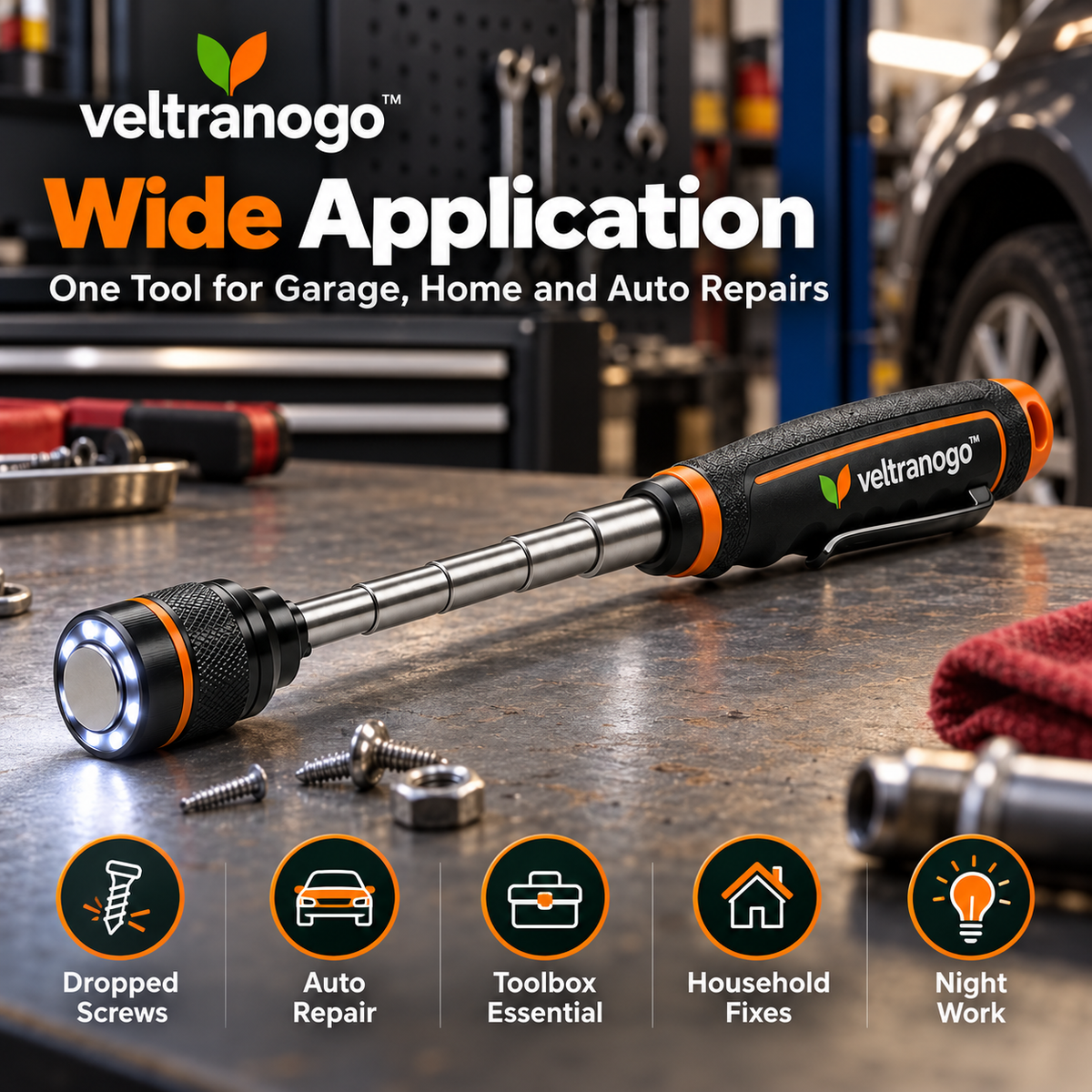 Veltranogo™ Telescoping Magnetic Pickup Tool with LED Light, Strong Magnetic Head & 25-Inch Extendable Reach for Garage Repairs