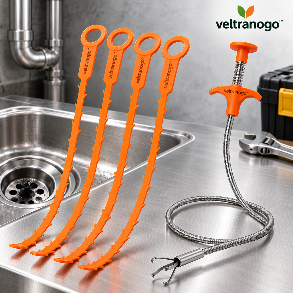 Veltranogo™ Drain Cleaning Tool Set, 5-Piece Flexible Drain Snake Kit with Barbed Hair Remover Strips & Claw Grabber for Kitchen and Bathroom Clogs