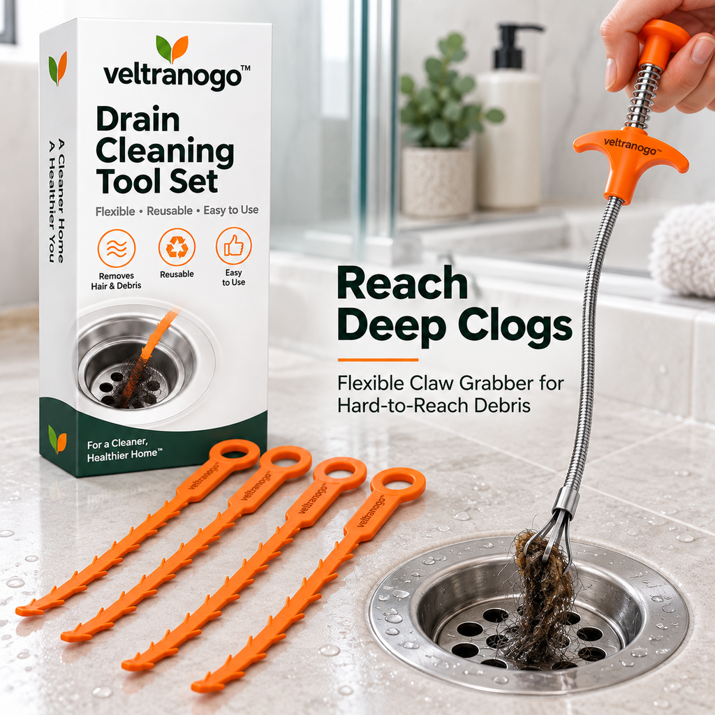 Veltranogo™ Drain Cleaning Tool Set, 5-Piece Flexible Drain Snake Kit with Barbed Hair Remover Strips & Claw Grabber for Kitchen and Bathroom Clogs