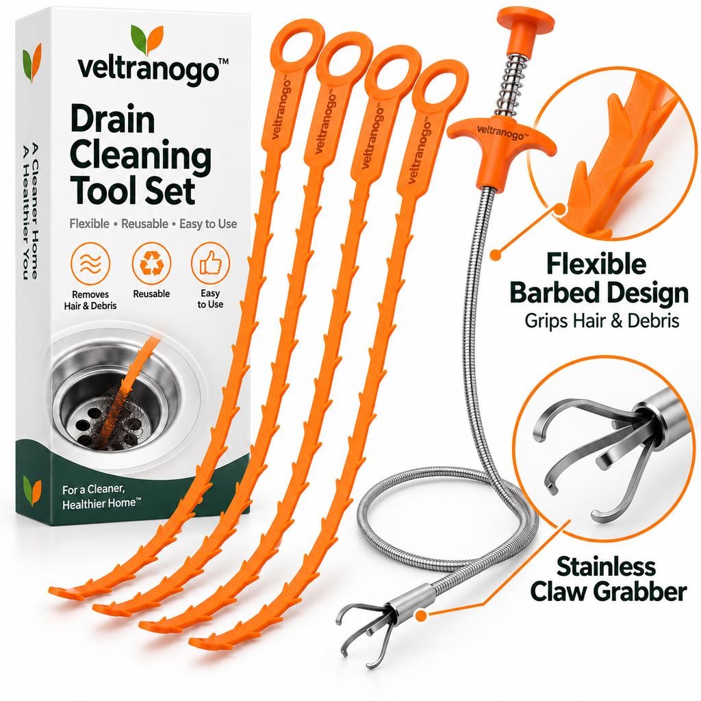 Veltranogo™ Drain Cleaning Tool Set, 5-Piece Flexible Drain Snake Kit with Barbed Hair Remover Strips & Claw Grabber for Kitchen and Bathroom Clogs