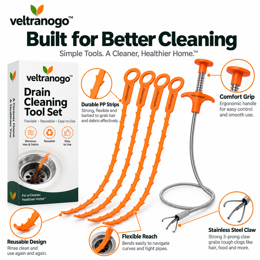 Veltranogo™ Drain Cleaning Tool Set, 5-Piece Flexible Drain Snake Kit with Barbed Hair Remover Strips & Claw Grabber for Kitchen and Bathroom Clogs