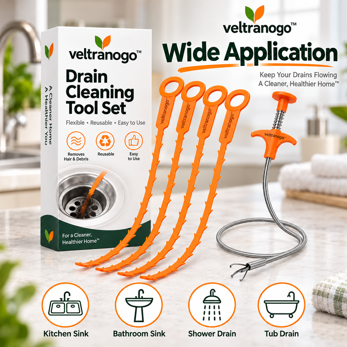 Veltranogo™ Drain Cleaning Tool Set, 5-Piece Flexible Drain Snake Kit with Barbed Hair Remover Strips & Claw Grabber for Kitchen and Bathroom Clogs