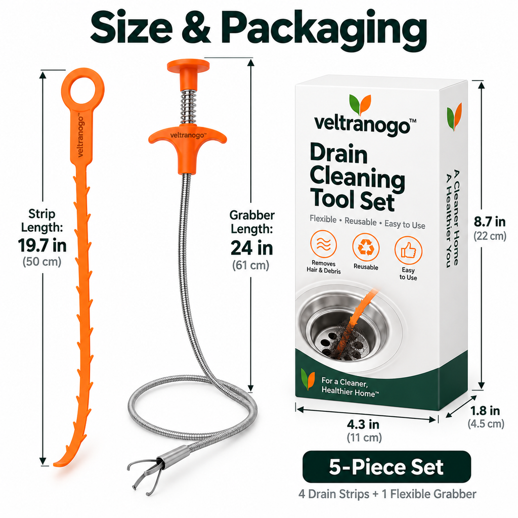 Veltranogo™ Drain Cleaning Tool Set, 5-Piece Flexible Drain Snake Kit with Barbed Hair Remover Strips & Claw Grabber for Kitchen and Bathroom Clogs