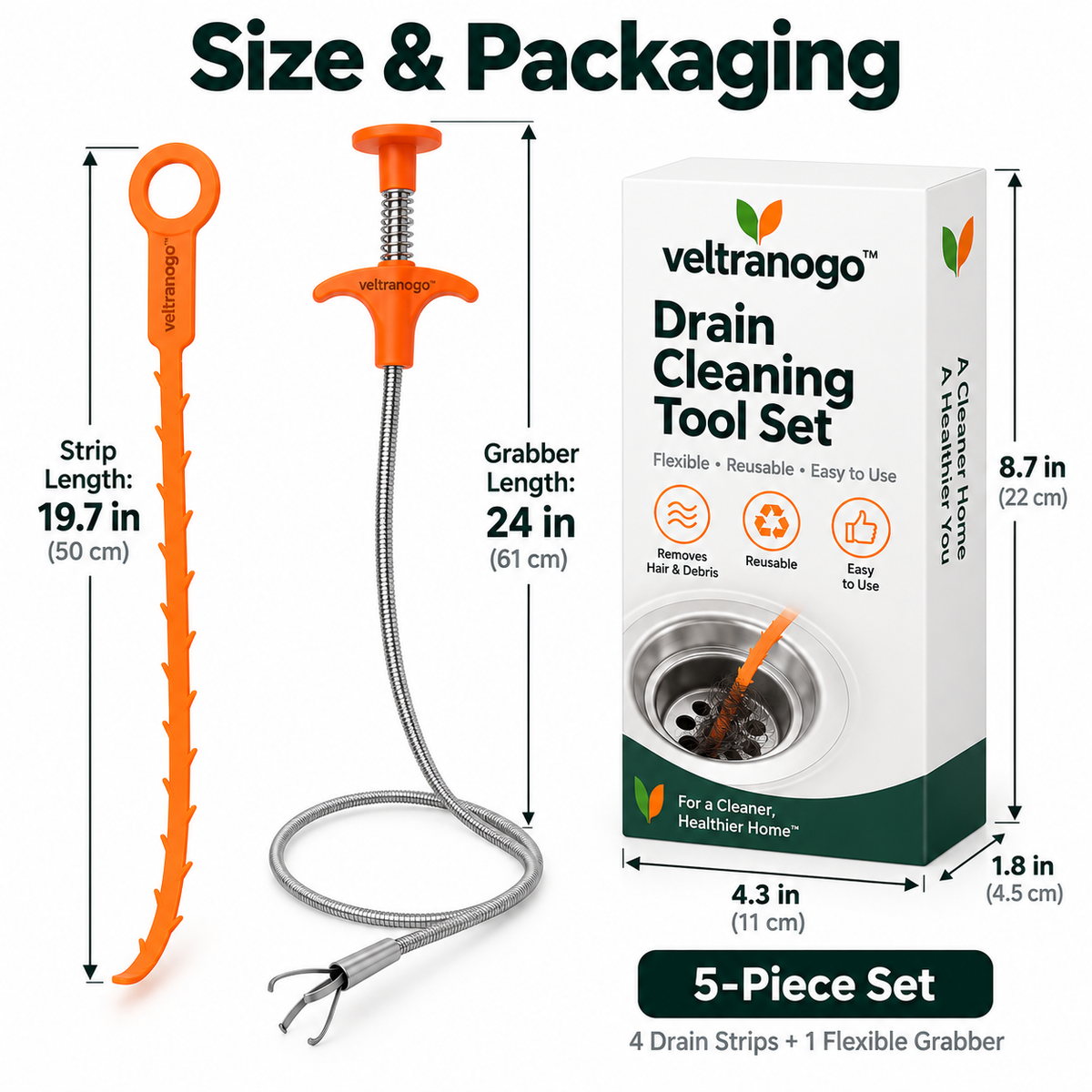 Veltranogo™ Drain Cleaning Tool Set, 5-Piece Flexible Drain Snake Kit with Barbed Hair Remover Strips & Claw Grabber for Kitchen and Bathroom Clogs