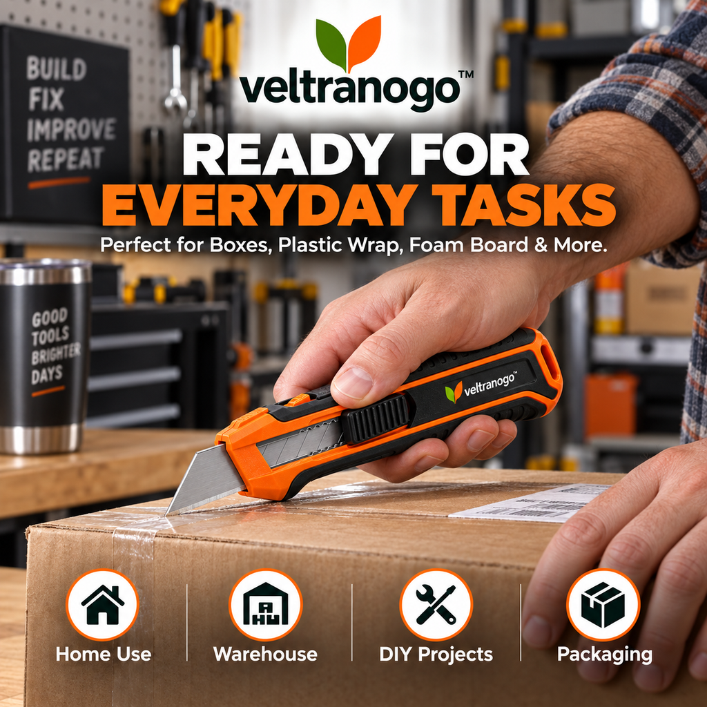 Veltranogo™ Professional Utility Knife, Retractable Box Cutter with SK5 Steel Blade & Safety Lock