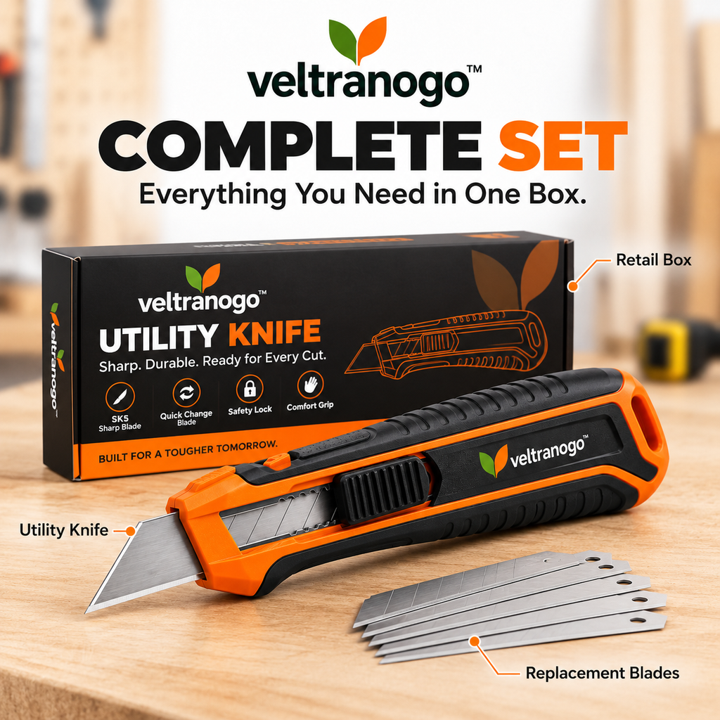 Veltranogo™ Professional Utility Knife, Retractable Box Cutter with SK5 Steel Blade & Safety Lock