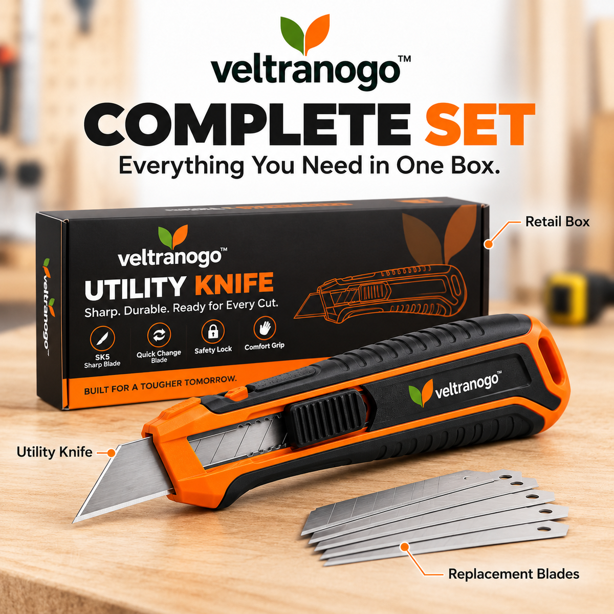 Veltranogo™ Professional Utility Knife, Retractable Box Cutter with SK5 Steel Blade & Safety Lock