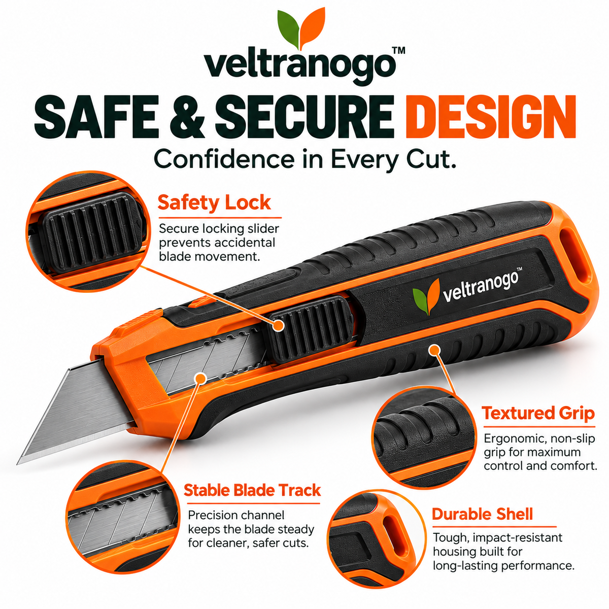 Veltranogo™ Professional Utility Knife, Retractable Box Cutter with SK5 Steel Blade & Safety Lock