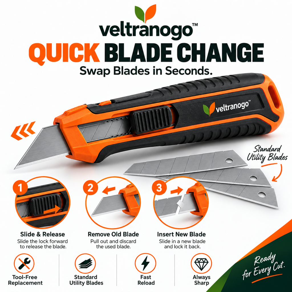 Veltranogo™ Professional Utility Knife, Retractable Box Cutter with SK5 Steel Blade & Safety Lock