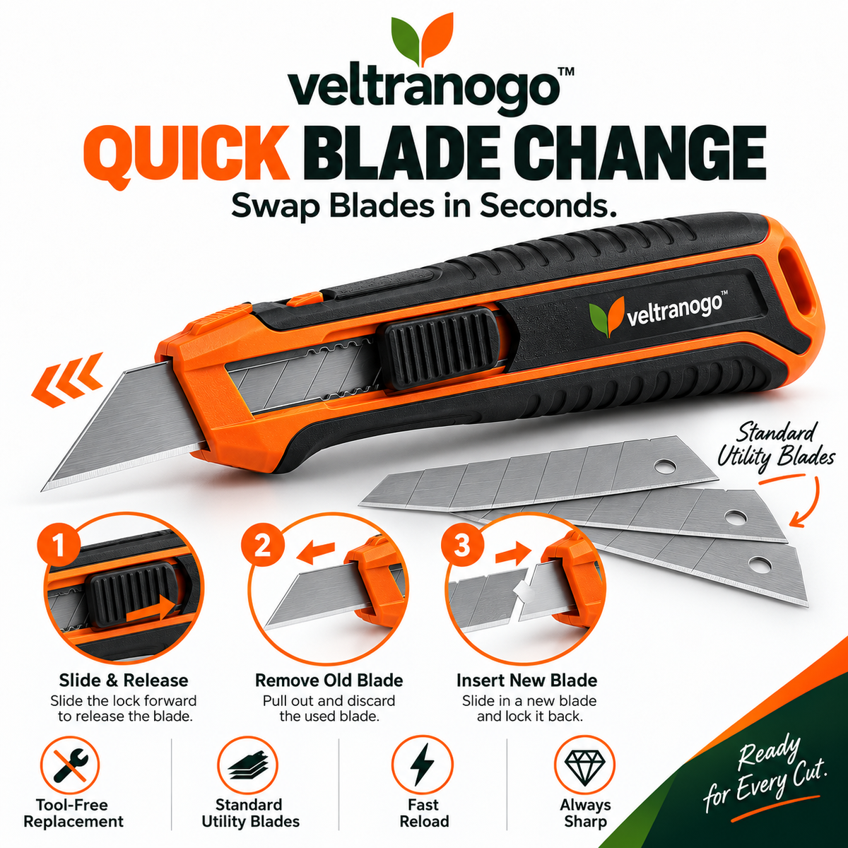 Veltranogo™ Professional Utility Knife, Retractable Box Cutter with SK5 Steel Blade & Safety Lock