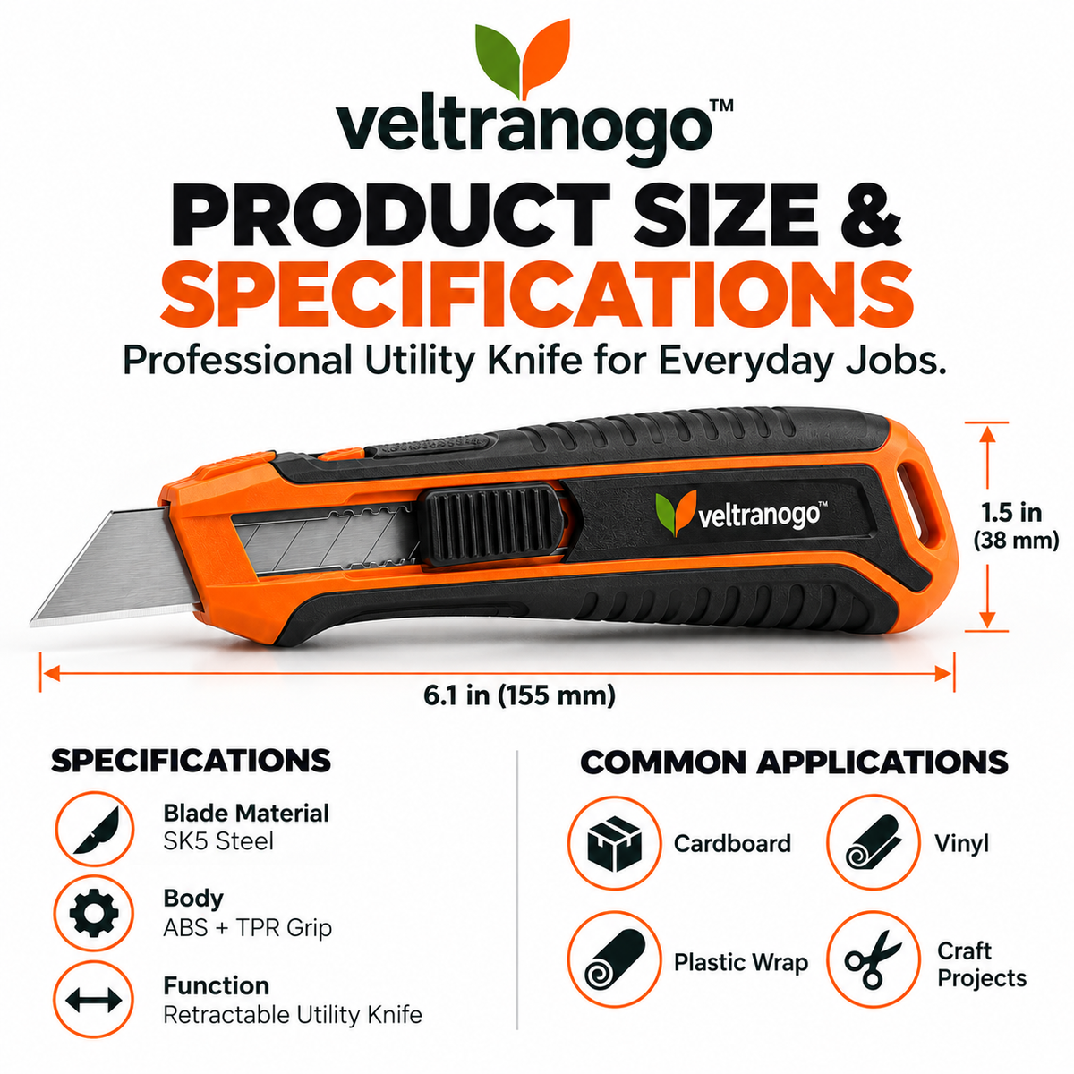 Veltranogo™ Professional Utility Knife, Retractable Box Cutter with SK5 Steel Blade & Safety Lock
