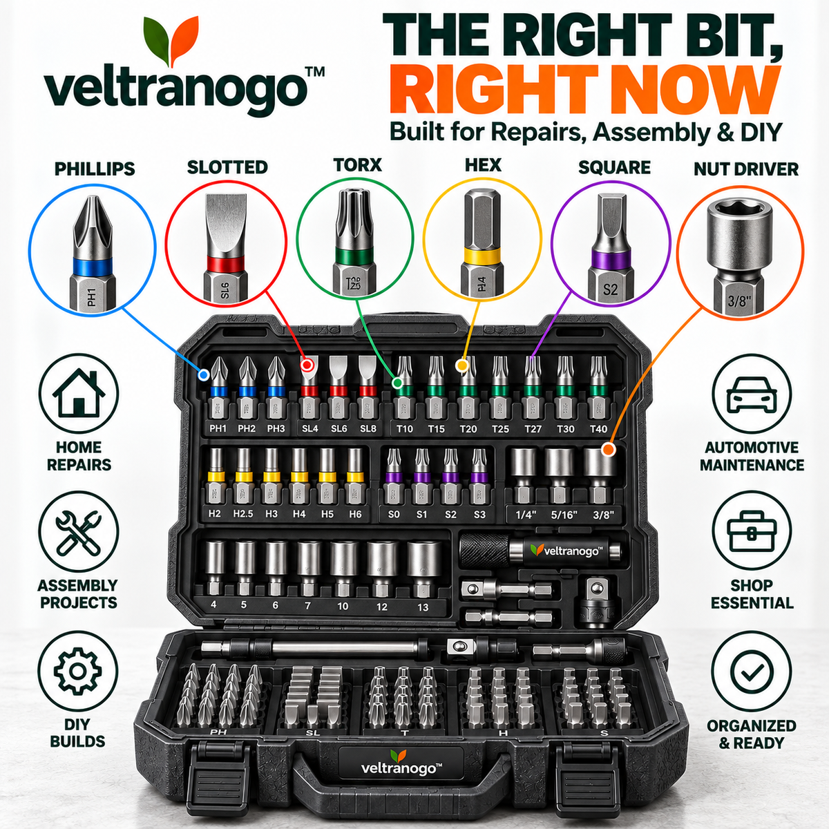 Veltranogo™ Professional Impact Bit Set, Multi-Size Hex Shank Drill & Screwdriver Bit Kit